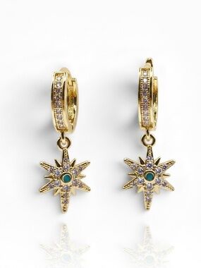 Gold Starburst Huggie Earrings with Turquoise Accent